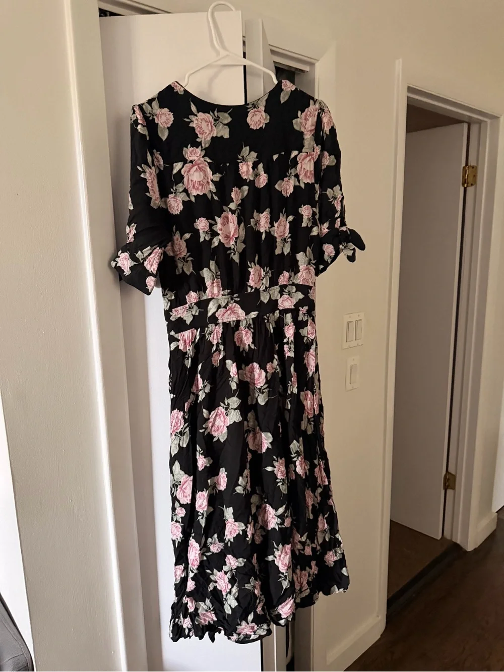 Black Reformation Floral Midi Dress with Pink Roses - Picture 5 of 5